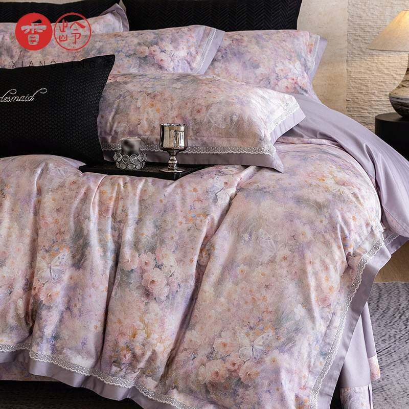 复古油画风全棉数码印花四件套高支贡缎裸睡双人被套高端床上用品