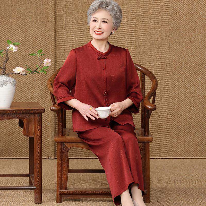 气质中老年人奶奶套装衬衫女纯色夏装桑蚕丝100%大码妈妈真丝上衣