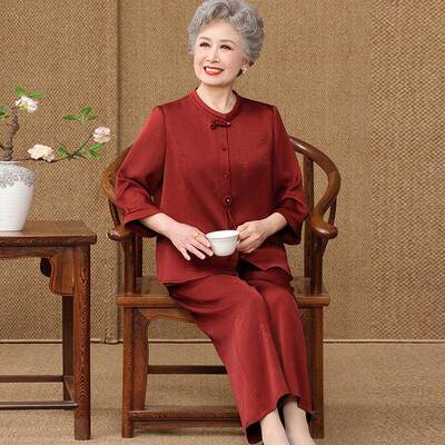 气质中老年人奶奶套装衬衫女纯色夏装桑蚕丝100%大码妈妈真丝上衣