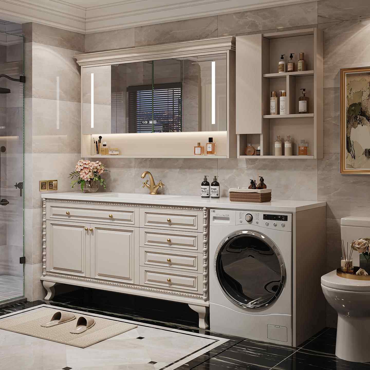 落地式法式阳台洗衣机一体浴室柜组合美式复古卫生间洗漱台洗脸盆,家装主材,洗衣机柜,淘宝优惠券,粉丝福利购,淘宝优惠卷