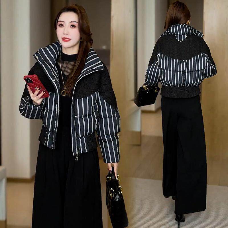 欧洲站时尚条纹拼接短款羽绒棉服女2025冬季洋气显瘦保暖棉袄外套