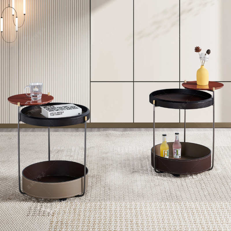 马鞍皮边几双层置物实木圆形小茶几侘寂风小件家具客厅沙发旁角几