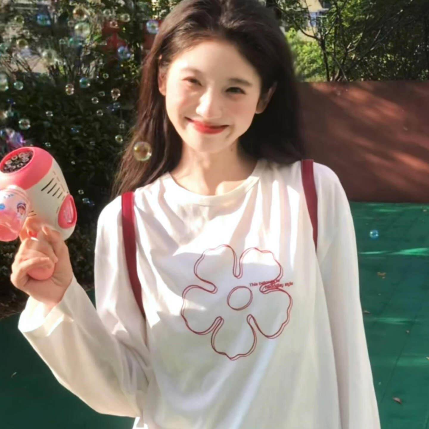 早秋白色薄款防晒罩衫长袖T恤女夏季微透印花宽松慵懒风线上0830d