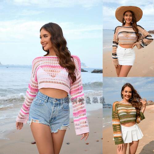 Hollow striped patchwork pullover knitted sweater