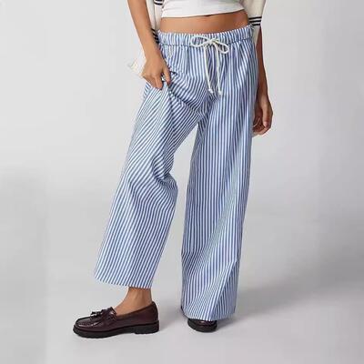 Women Casual Drawstring Striped Pants Leg Elastic Waist