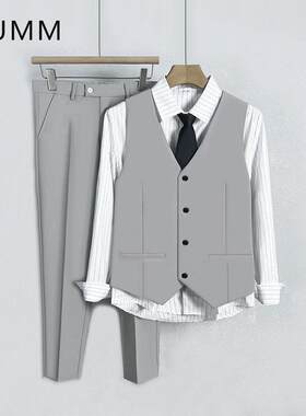浅灰马甲西裤条纹白衬衫长袖三件套装男夜场服务员制服发型师工装