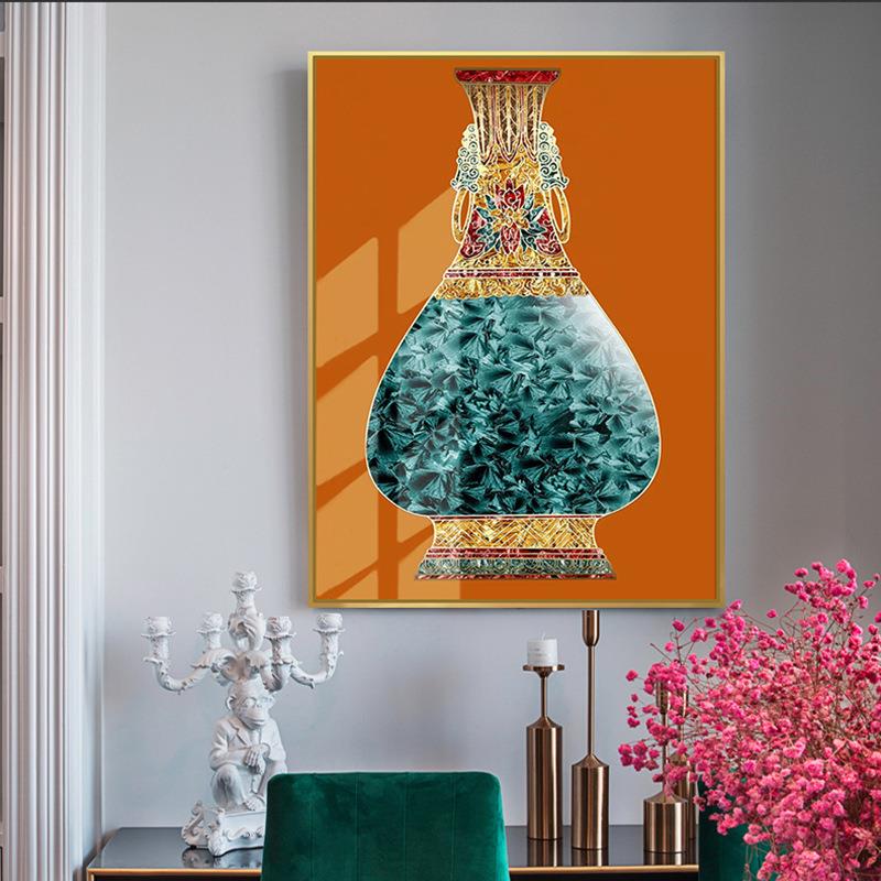 青花瓷花瓶新中式玄关装饰画餐厅挂画饭厅壁画客厅墙画中国风壁画