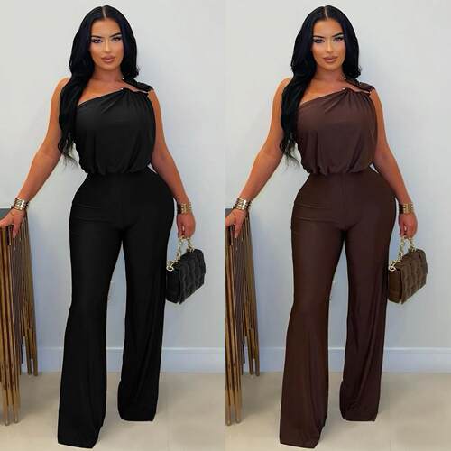 Slanted shoulder sleeveless hip hugging wide leg jumpsuit