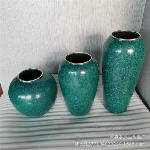 中式蓝色铜彩釉花瓶三件套装家具客厅装饰品摆件新款铜花瓶