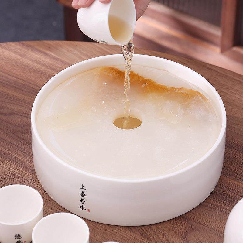 德化羊脂玉白瓷圆形陶瓷茶盘壶承储水茶台家用托 托盘干泡盘玉石
