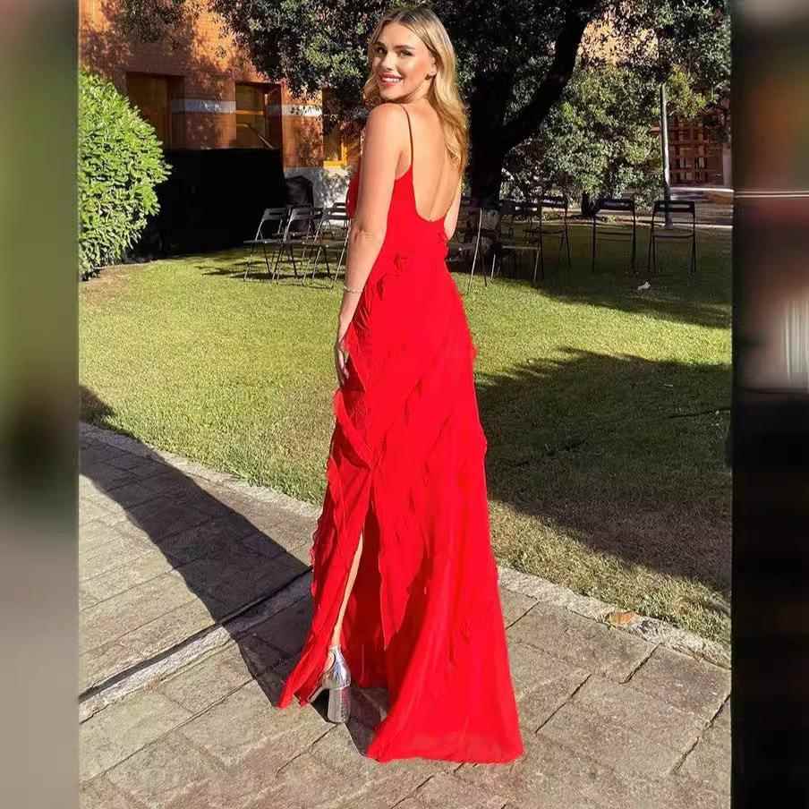 Sexy backless halter neck off-shoulder wave slim fit side