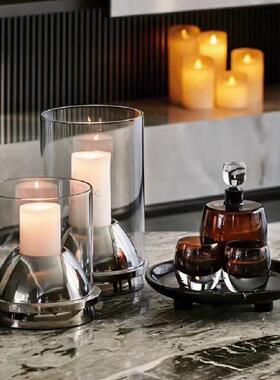 可凡现代简约样板间客厅氛围感金属玻璃罩蜡烛烛台大理石托盘摆件