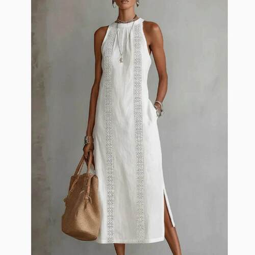 Round neck sleeveless lace slit cotton linen dress