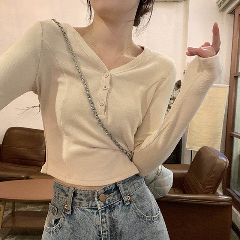 纯欲甜辣ins奶杏色长袖T恤女打底衫2025春季V领螺纹修身上衣内搭