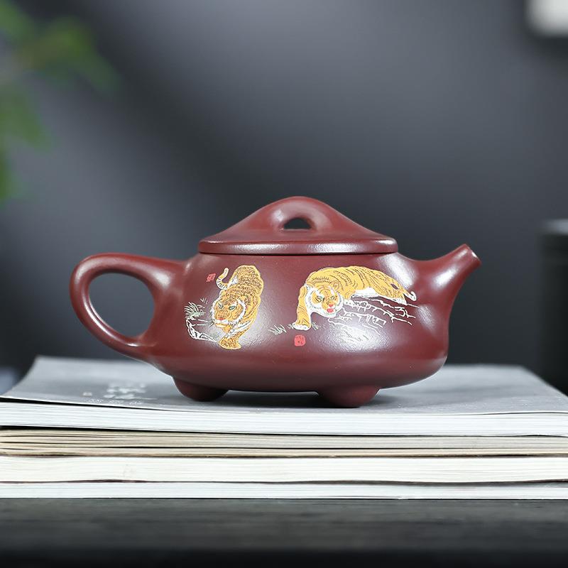宜兴紫砂壶 家用大品300cc石瓢茶壶茶具手工泥绘五福临门单壶