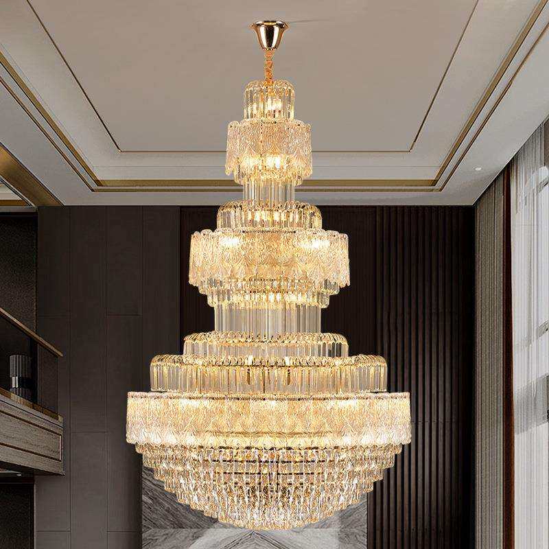 复式楼水晶大吊灯楼中楼中空旋转楼梯灯别墅客厅轻奢法式水晶吊灯