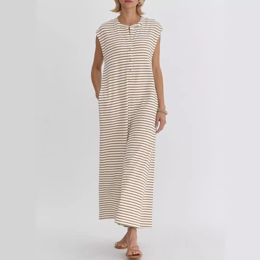 Womens striped wide-leg loose sleeveless jumpsuit simple