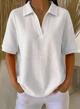 Womens Ribbed Knit Deep V-Neck Shirt Collared Half Sleeve