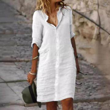 Collar, mid sleeve cotton and linen shirt dress