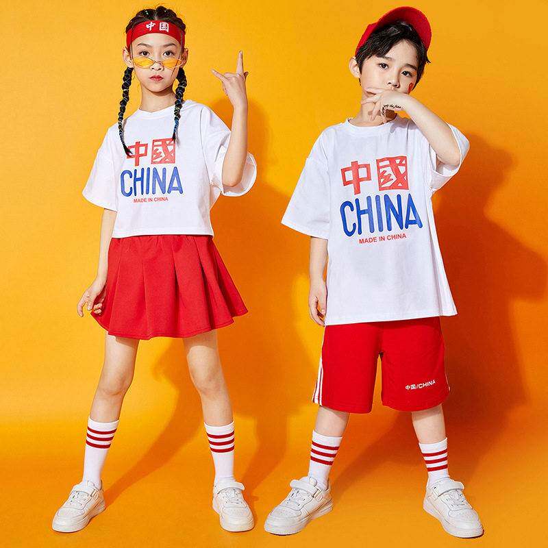 六一儿童节演出服幼儿园中国红舞蹈表演服装小学生白色短袖红短裤