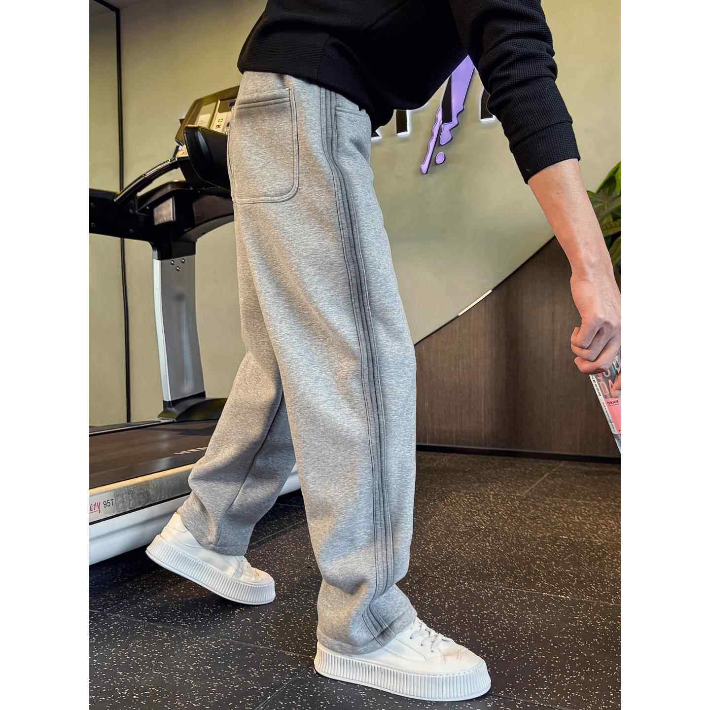 GM新潮 简约优雅不过时~灰色直筒卫裤男士秋冬加绒加厚运动休闲裤