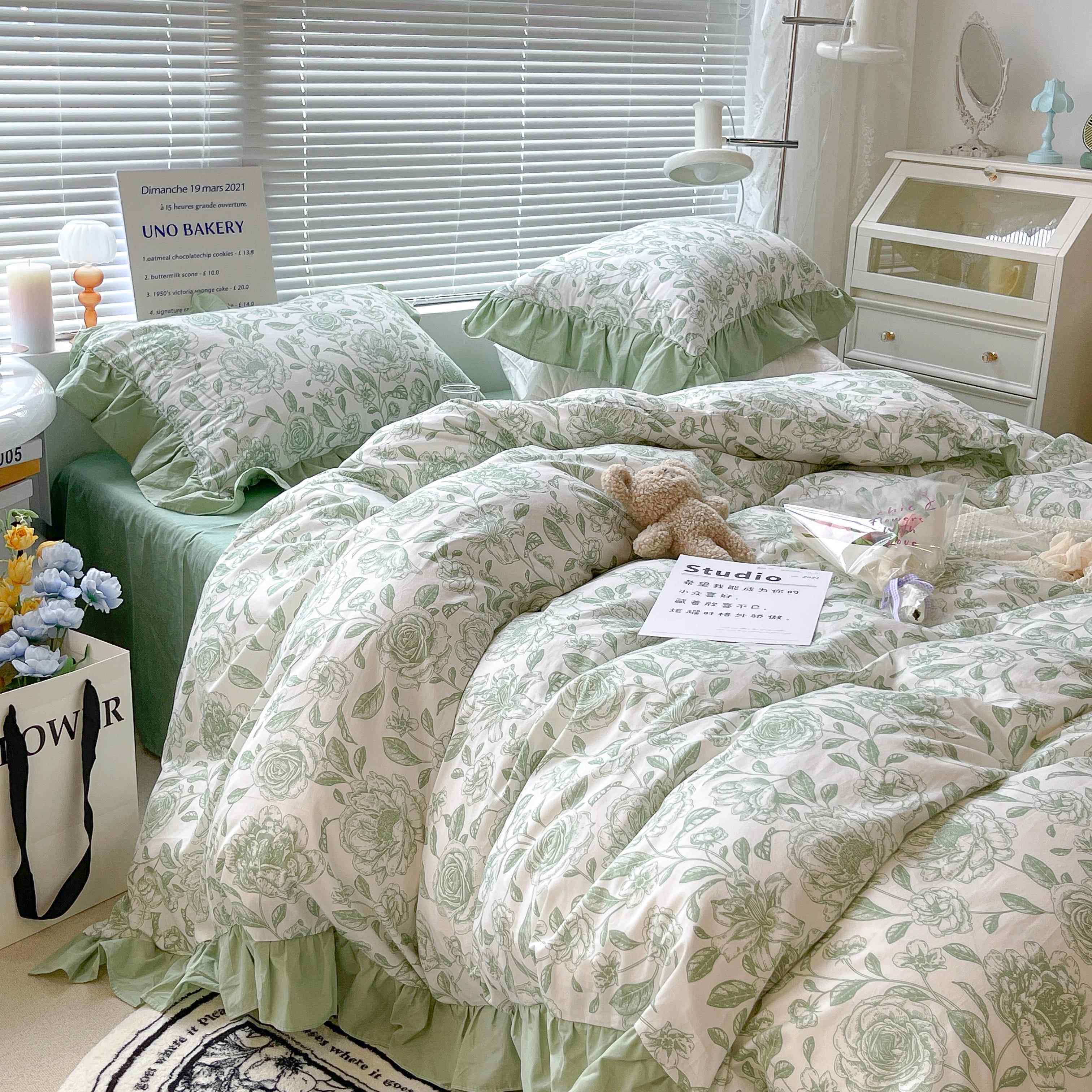 正品赫法式轻奢复古田园花卉黑白本风公主纯棉件套花边全棉上用床