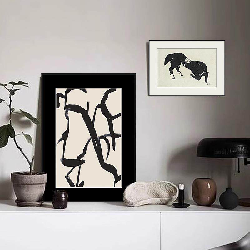 中古风黑白抽象艺术装饰画组合餐厅书房挂画小众卡纸壁画桌面摆画