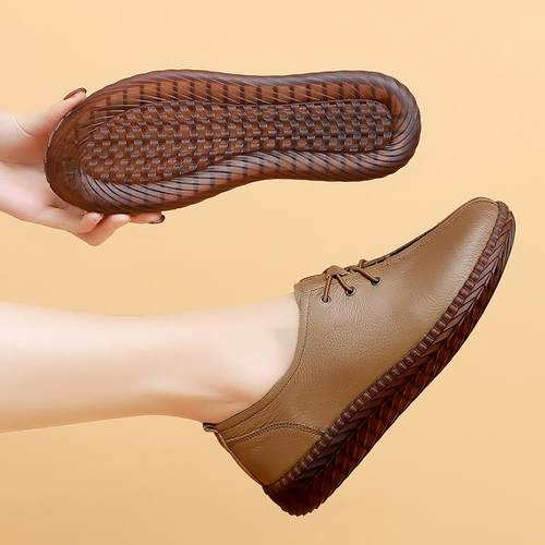 正品春秋新款平女鞋休闲深单鞋中老年皮底鞋女妈妈鞋口真老皮软底