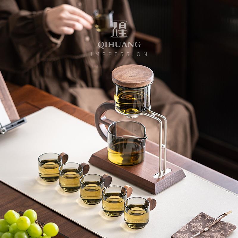 玻璃懒人自动泡茶神器家用办公室防烫手胡桃木冲茶器茶水分离茶壶