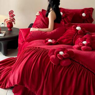 年轻人婚礼韩系立体花喜被结婚四件套红色牛奶绒冬季婚庆床上用品