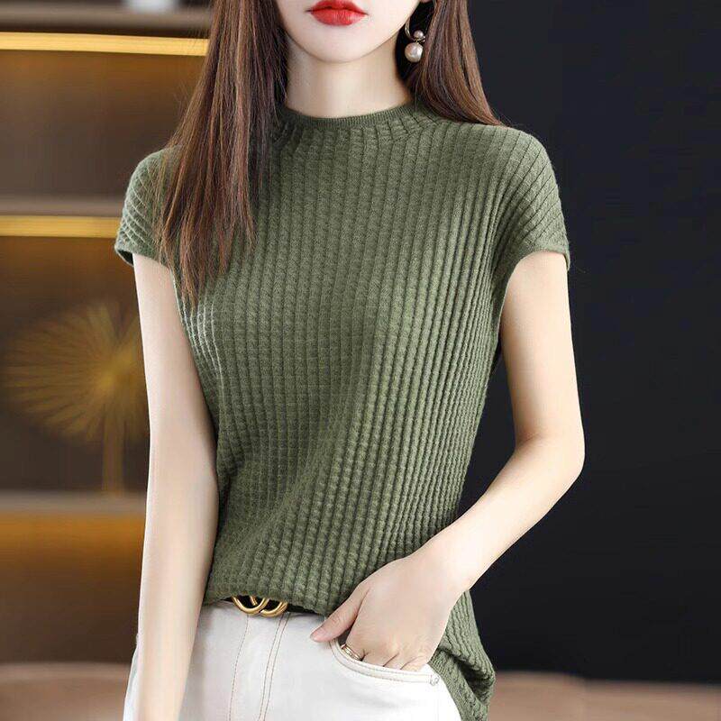 DGVV真丝半高领短袖t恤女夏装薄气质中领包袖背心软糯针织打底衫