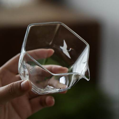 松鹤六角玻璃公道杯耐热分茶器家用透明公杯茶海茶具配件