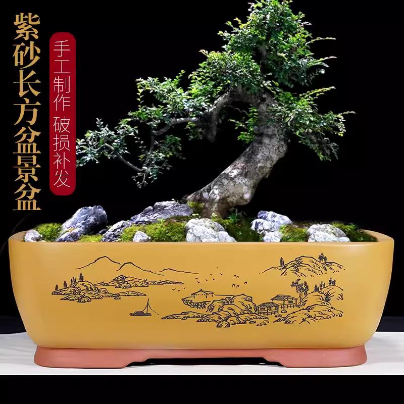 宜兴紫砂长方形马槽盆室内花卉文竹盆景盆多肉老桩梅花特大号盆栽