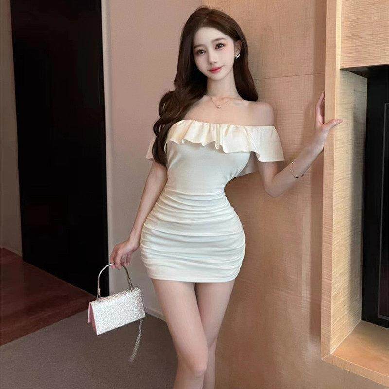 法式小众白色一字肩洋装女夏季高级感气质修身显瘦性感包臀裙子