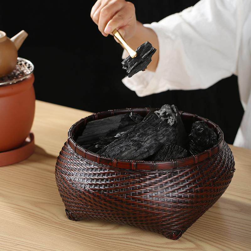 禅意煮茶大漆竹编碳篓炭钵竹碳斗灰篓煮茶橄榄娄炭笼茶道配件收纳