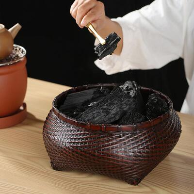 禅意煮茶大漆竹编碳篓炭钵竹碳斗灰篓煮茶橄榄娄炭笼茶道配件收纳