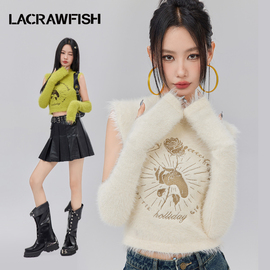 lacrawfish清甜纯欲可爱玫瑰绣花袖套仿皮草毛衣，辣妹毛绒背心女