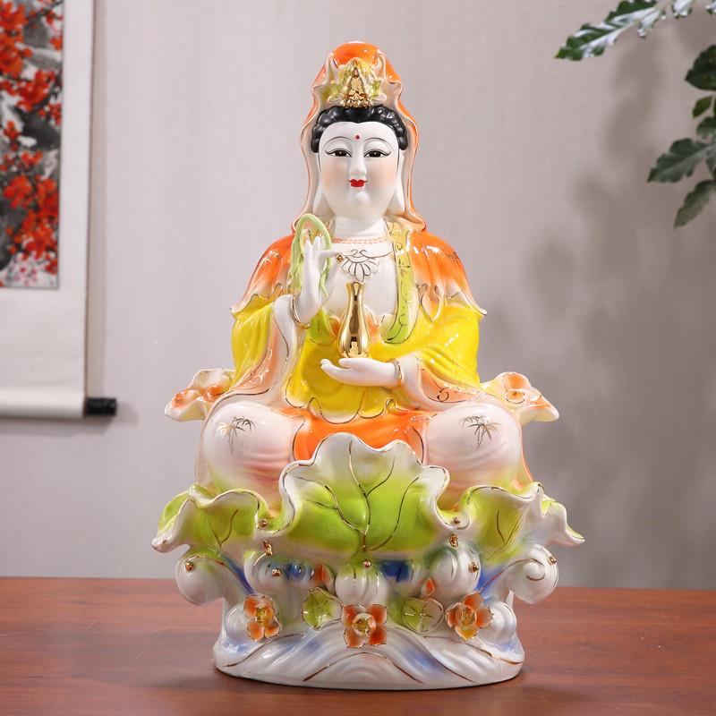 纯手工中式陶瓷坐莲叶观音佛像 潮州工艺家用供奉摆件