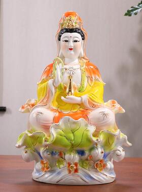 纯手工中式陶瓷坐莲叶观音佛像 潮州工艺家用供奉摆件