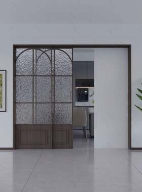 法式复古玻璃拉门开放式厨房隔断门隐藏式口袋门三联动平移门