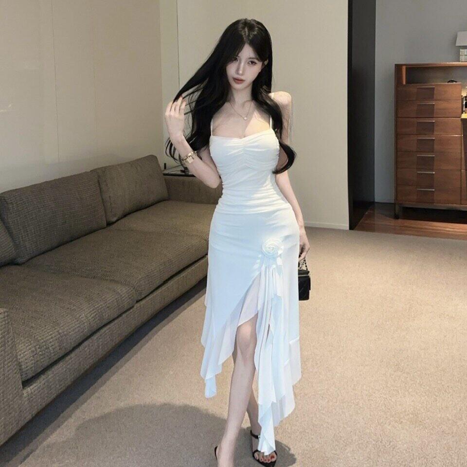法式名媛女神范气质网纱吊带洋装女不规则纯色修身显瘦包臀裙子