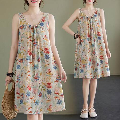 Cotton and linen sleeveless round neck printed spaghetti