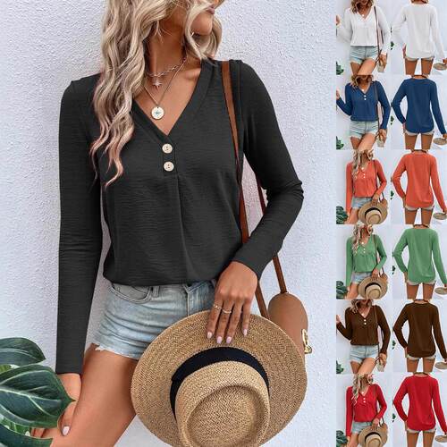 2025春秋欧美女装跨境亚马逊新款ebay外贸时尚长袖扭扣T恤上衣女