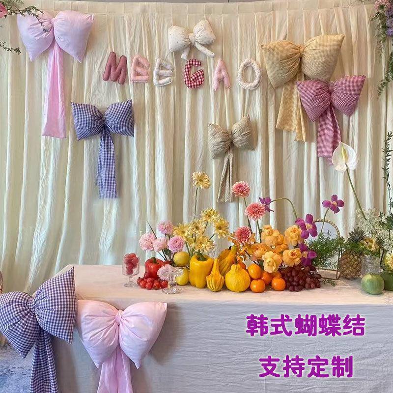 生日订婚满月宴派对格子蝴蝶结背景布店铺拍照打卡韩风蝴蝶结