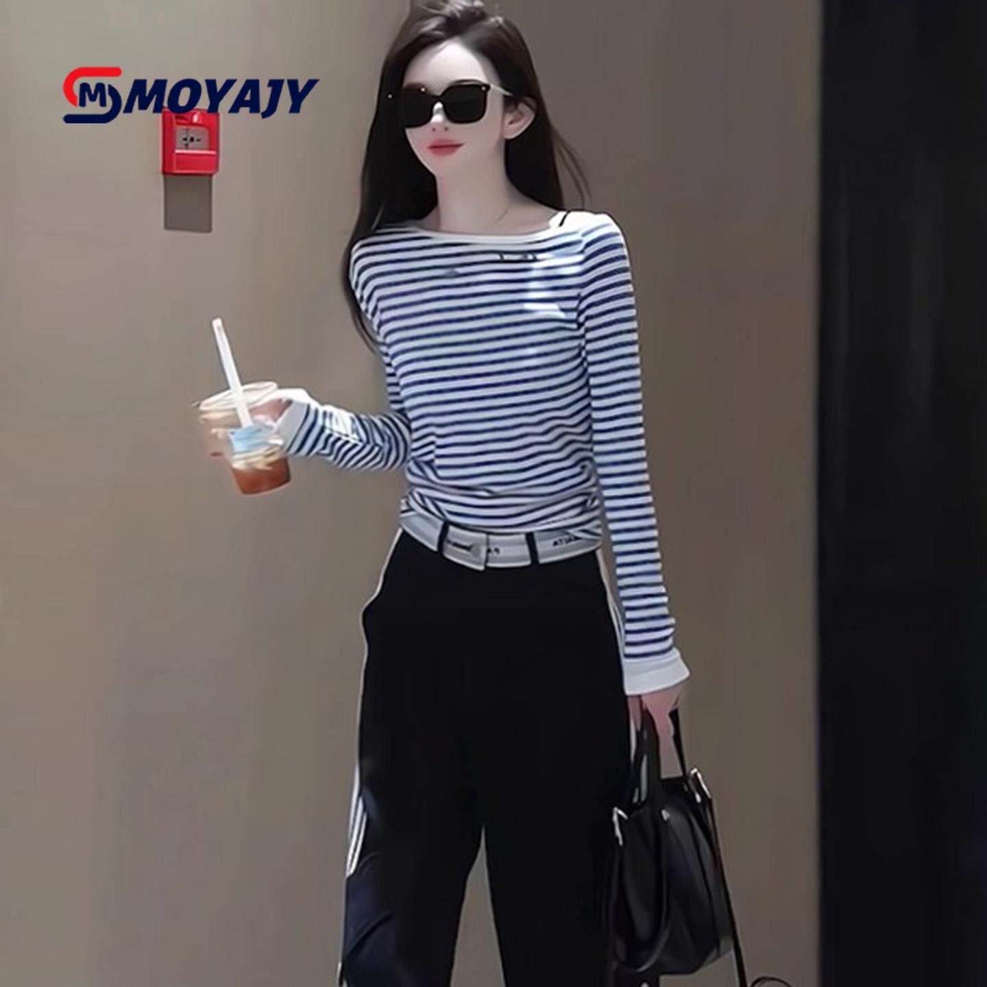 MOYAJY品牌时尚减龄休闲运动套装女春秋条纹T恤黑色阔腿裤两件套