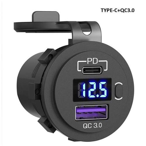 新品汽车车载充电器PD+QC3.0改装快充带电压显示带开关充电器