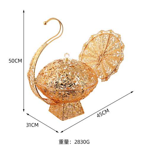 新款欧式轻奢水果篮复古金属镂空装饰摆件创意金色零食带盖水果盘