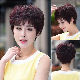 正品假发短发妈妈短卷女纹理烫中老年真发针女全头套自然递真人发