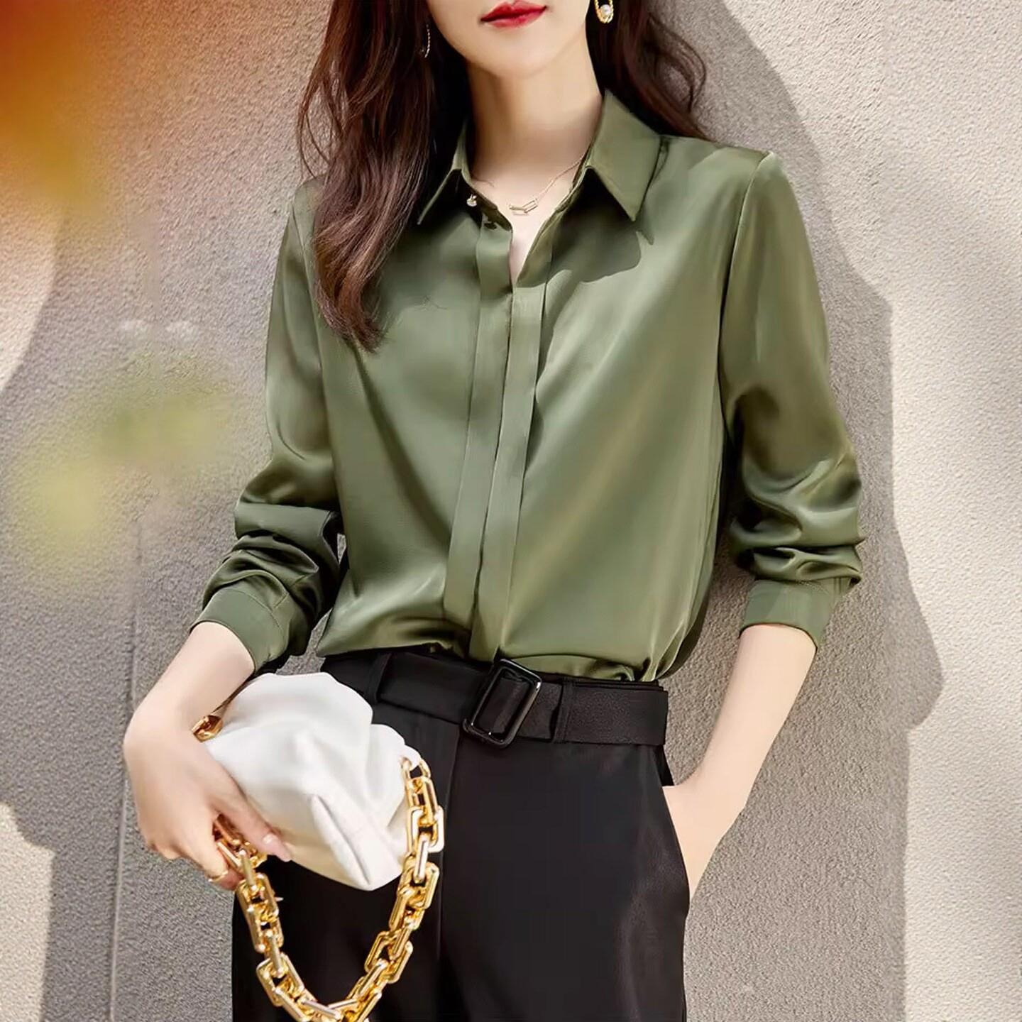 法式真丝洋气直筒小众长袖小衬衫女桑蚕丝POLO领气质显瘦百搭衬衣