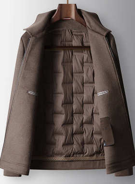 男式毛呢夹克2024翻领拉链版青年轻奢商务脱卸鹅绒双面呢保暖外套